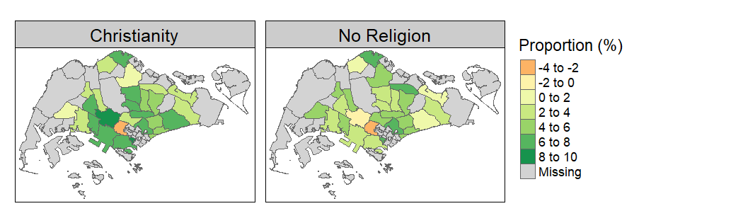 Change in Christianity / No Religion Share (2000-2015)